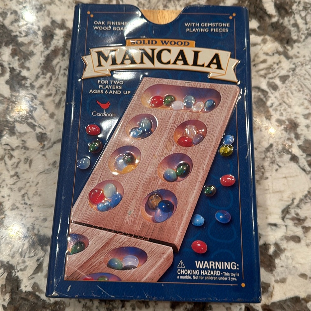 Solid wood 🪵 Mancala Oak finish wood board wit gemstone pieces in tin case